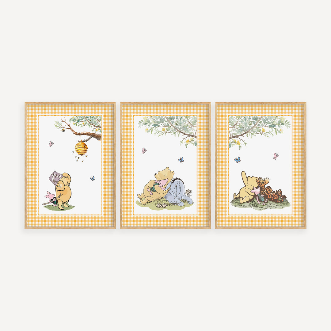 Vintage Winnie-the-Pooh poster set with Pooh, Piglet, Eeyore and Tigger in soft watercolour storybook illustration style