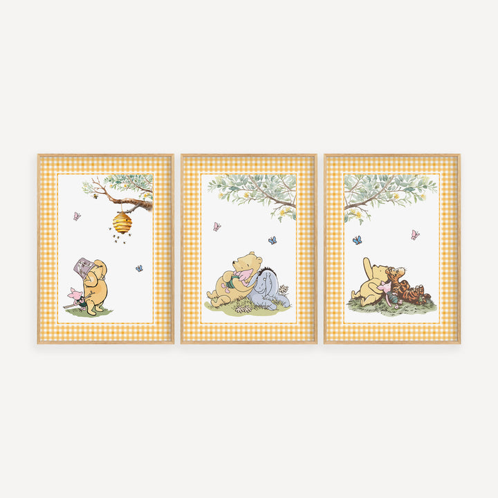 Vintage Winnie-the-Pooh poster set with Pooh, Piglet, Eeyore and Tigger in soft watercolour storybook illustration style