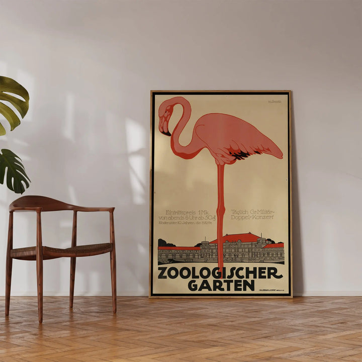Zoological Garden Poster by Julius Klinger vintage art print with large pink flamingo and muted beige background