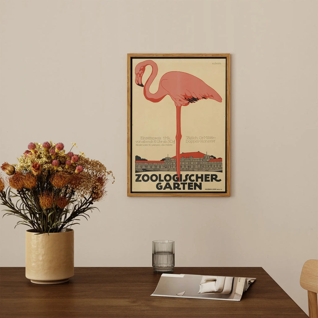 Zoological Garden Poster by Julius Klinger, vintage style wall art with pink flamingo and muted beige, red, and black tones