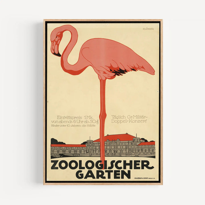 Zoological Garden Poster by Julius Klinger, vintage style with pink flamingo over beige and black cityscape, art print wall art