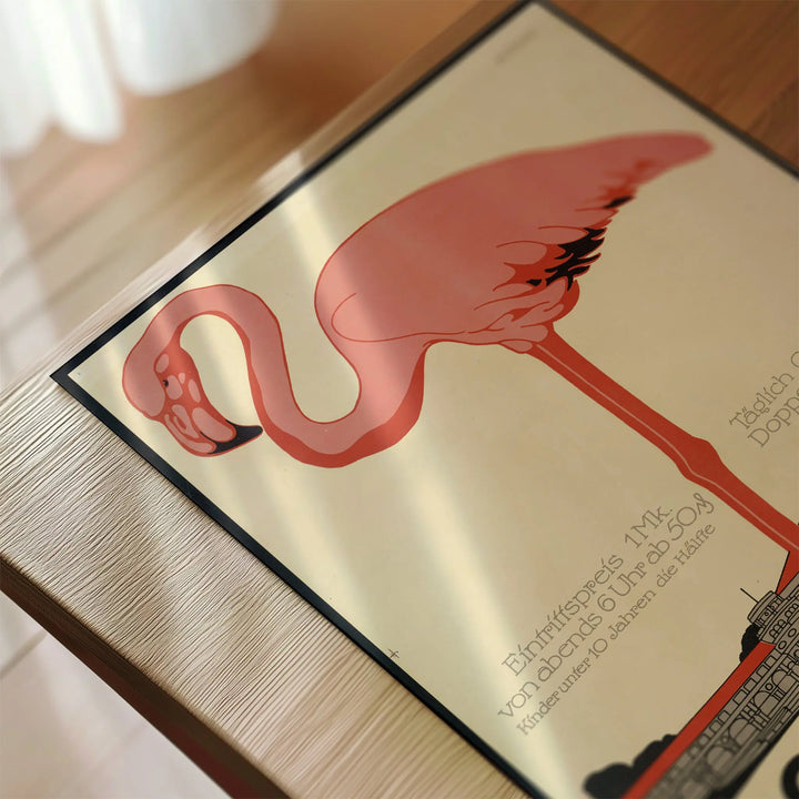 Zoological Garden Poster by Julius Klinger, vintage style with pink and black flamingo illustration, art print poster.
