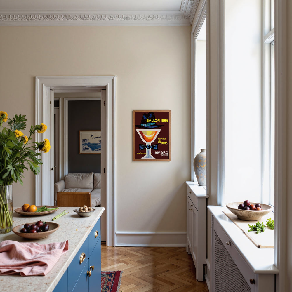 Ballor 1856 Advertisement Poster vintage art print with yellow, orange, and black colors in a framed poster style.