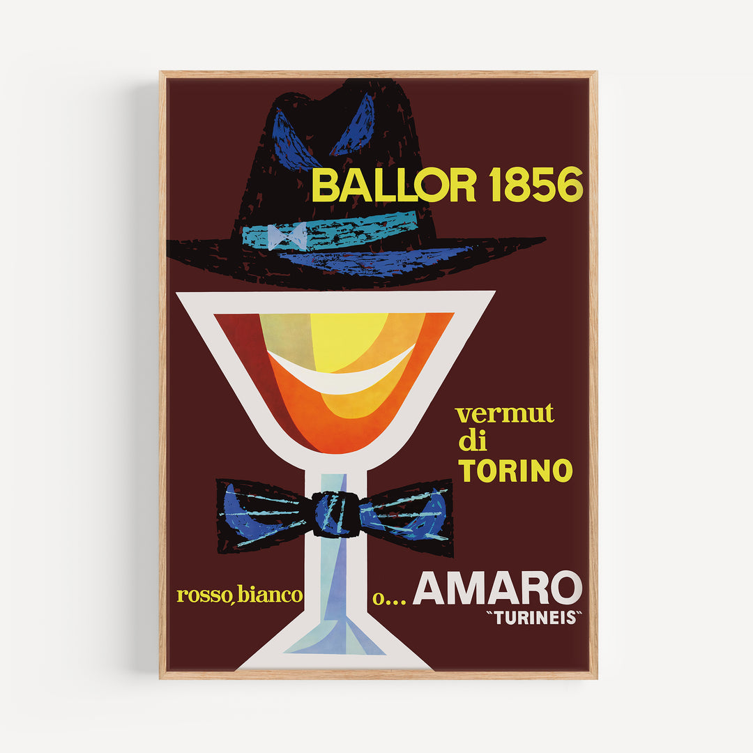 Ballor 1856 Advertisement Poster vintage style with bold colors featuring a cocktail glass, hat, and bow tie art print.
