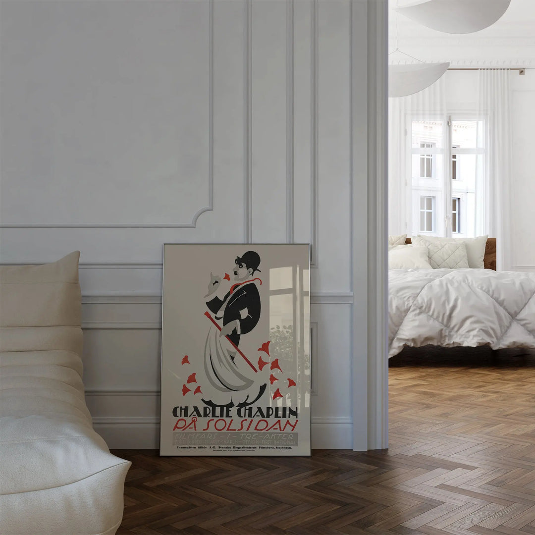 Charlie Chaplin Stockholm Poster minimalist vintage style with black, red, and beige colors framed poster art print