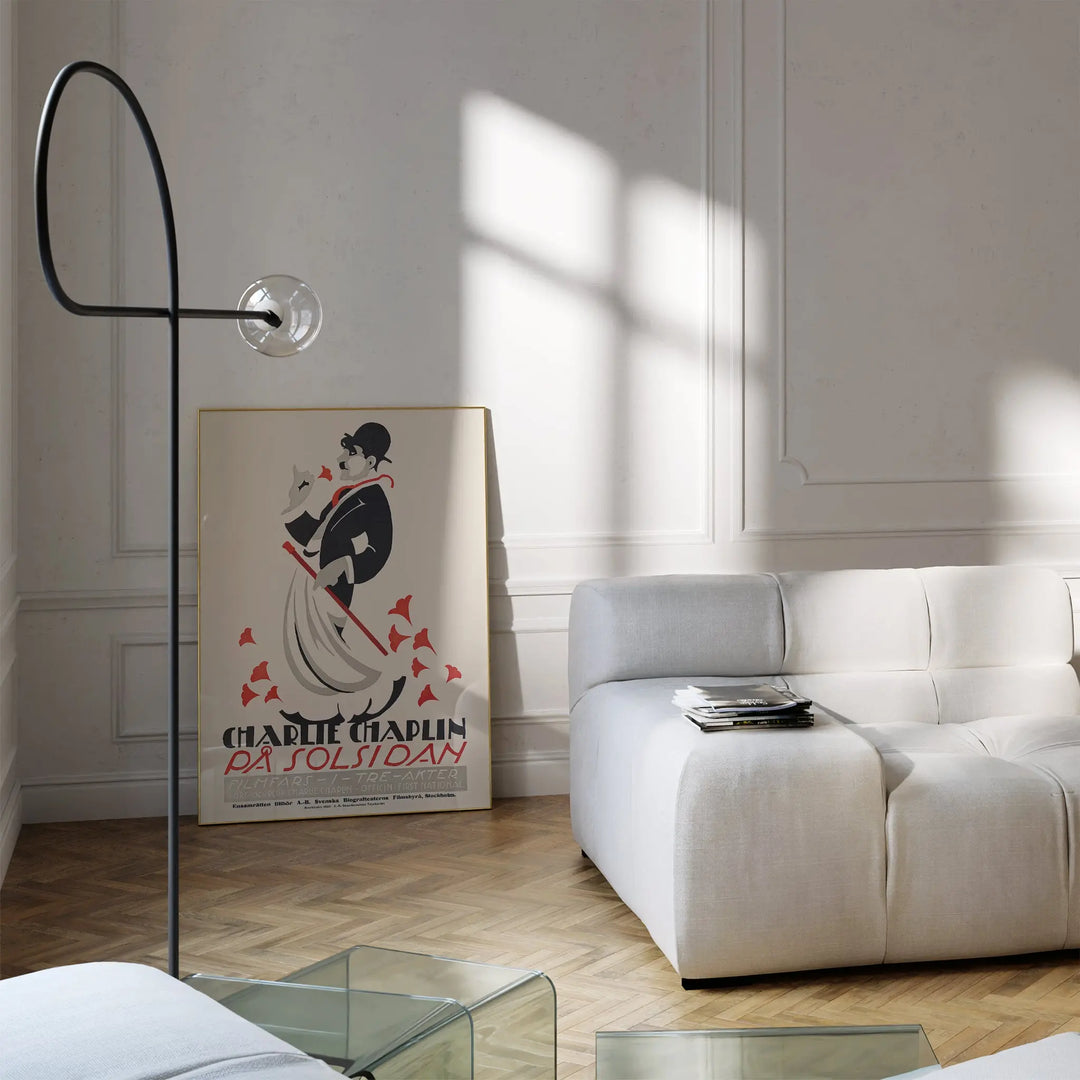 Charlie Chaplin Stockholm Poster vintage art print with black, red, and beige colors, featuring Chaplin in classic attire.