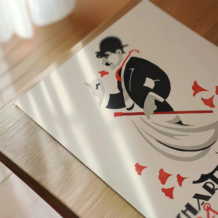 Charlie Chaplin Stockholm Poster minimalist wall art in black, white, and red with stylized vintage character design.