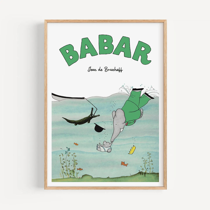 Diving Babar Poster featuring minimalist watercolor art of Babar the elephant diving underwater in green with aquatic plants and fish.