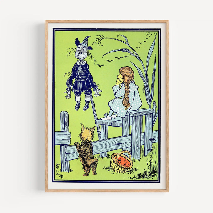 Forest" The Wizard of Oz Vintage Poster vintage art print in green and blue tones with Dorothy and a scarecrow illustration