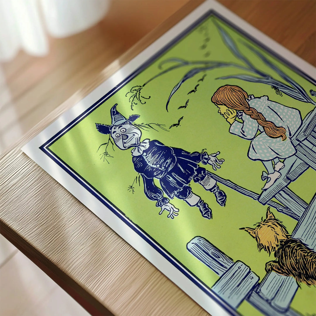 Forest" The Wizard of Oz Vintage Poster vintage style with green and navy tones, featuring characters and whimsical forest scene wall art