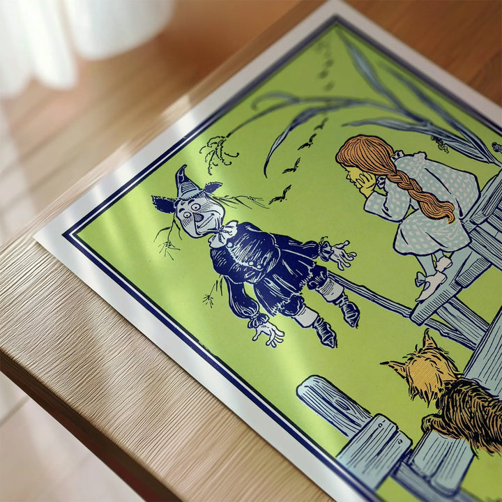 Forest" The Wizard of Oz Vintage Poster vintage style with green and navy tones, featuring characters and whimsical forest scene wall art