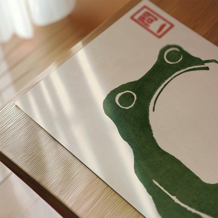 Green Woodblock Frog Poster