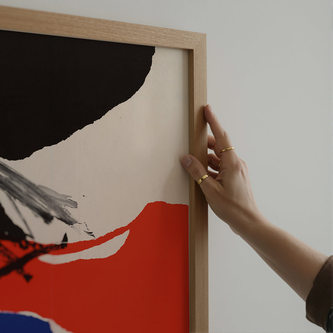 José Guerrero Exhibition Poster featuring abstract shapes in black, red, blue, and beige colors in a minimalist art print.