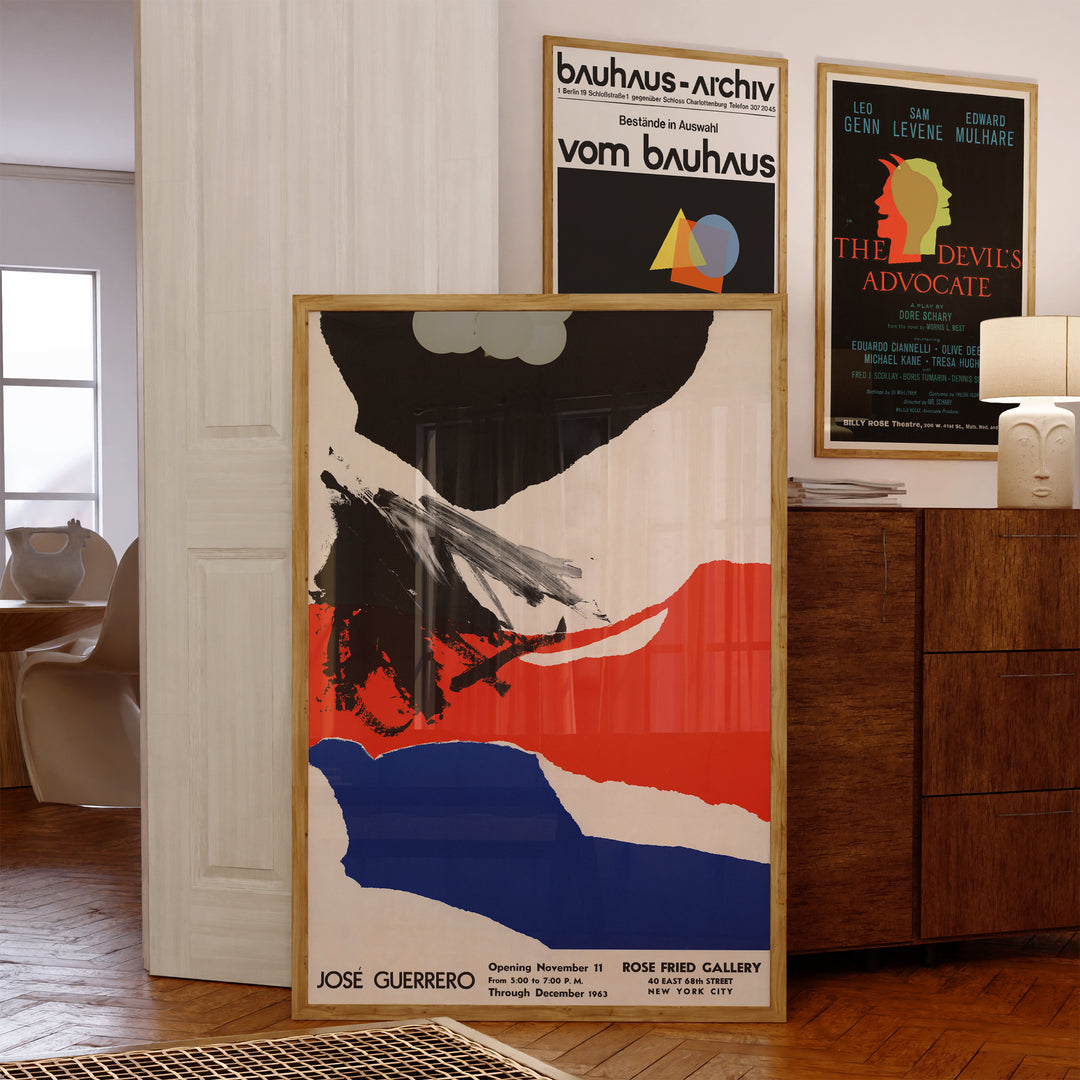 José Guerrero Exhibition Poster abstract expressionist style with bold black, red, and blue shapes framed wall art poster