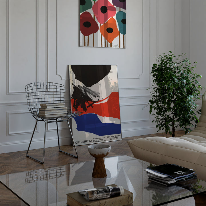 José Guerrero Exhibition Poster abstract art print with bold black, red, and blue brushstrokes in a framed poster design