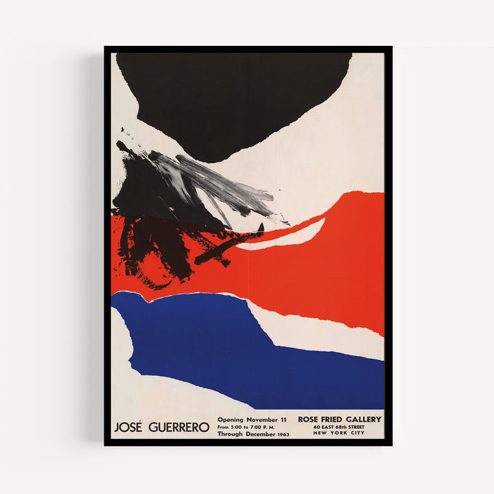 José Guerrero Exhibition Poster with abstract minimalist design in black, red, blue, and white colors, art print poster.