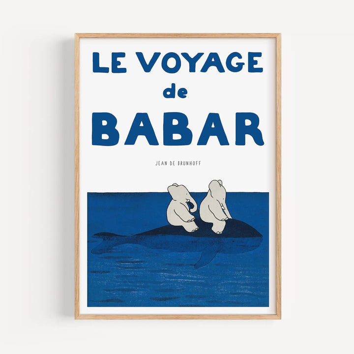 Voyage Babar Poster featuring Jean de Brunhoff's vintage minimalist blue and white illustration art print.