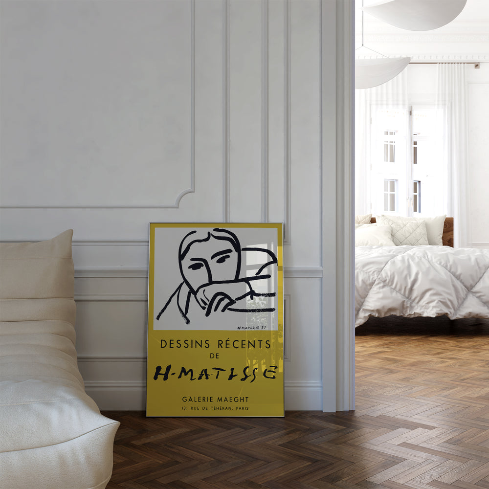 Henri Matisse Gallery Maeght Exhibition Poster featuring minimalist black line drawing on yellow background framed poster
