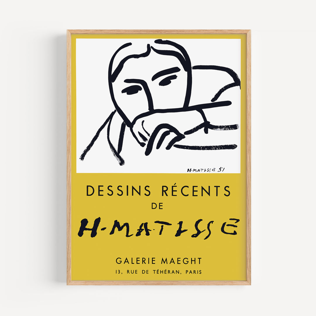 Henri Matisse Gallery Maeght Exhibition Poster featuring minimalist black line drawing on yellow background art print