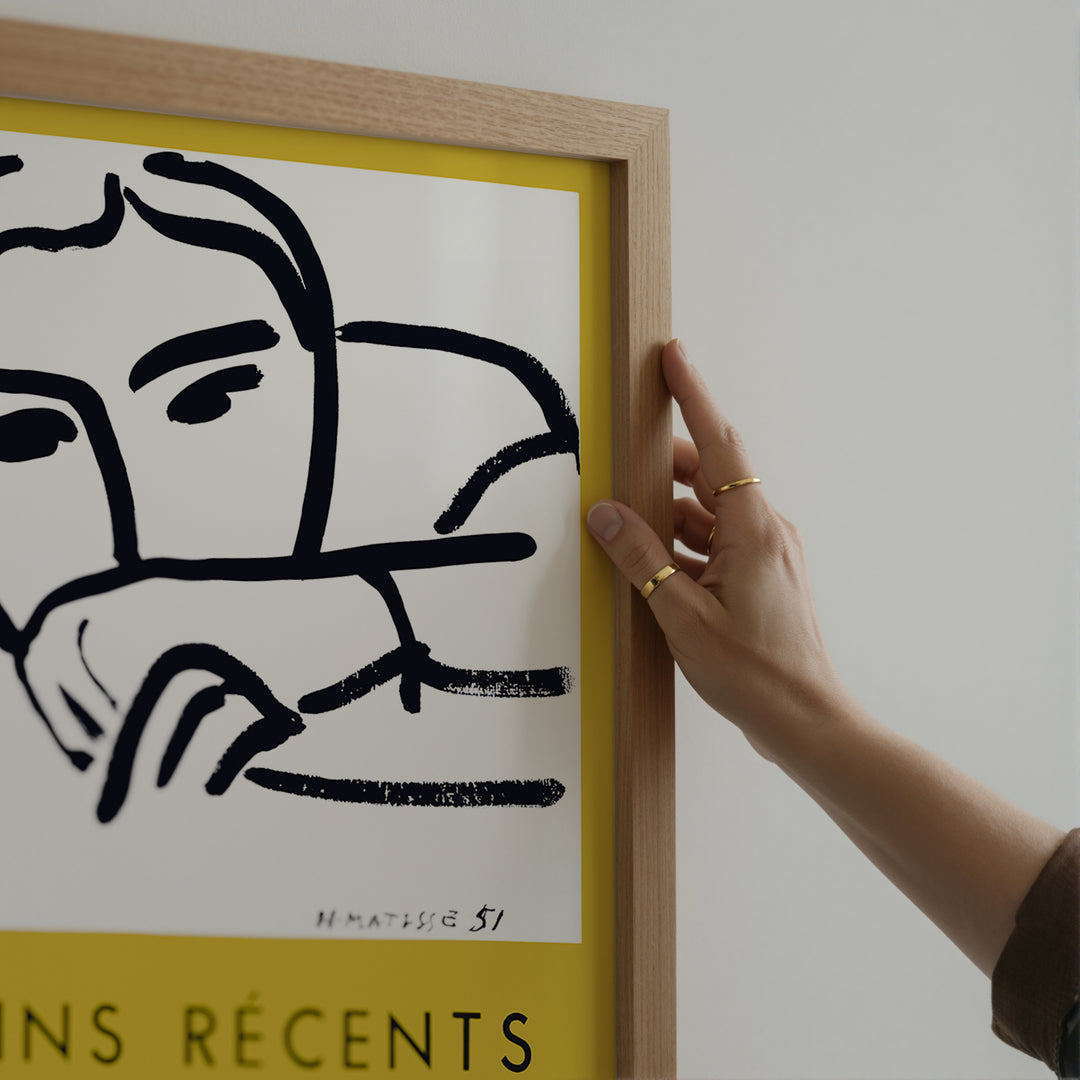 Henri Matisse Gallery Maeght Exhibition Poster with minimalist black line drawing on white and mustard yellow background, art print