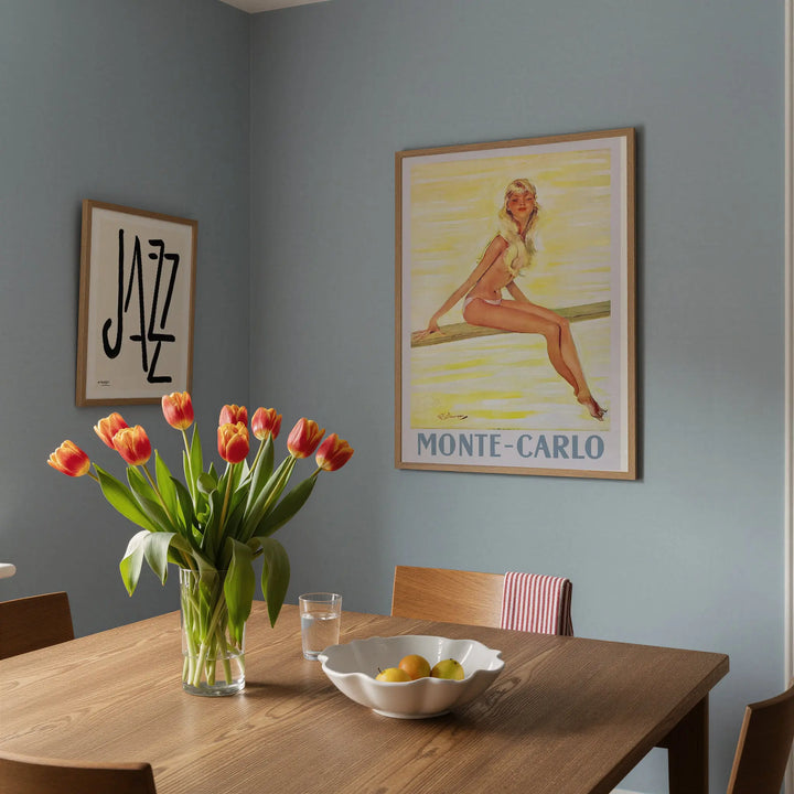 Monte-Carlo Poster Set vintage art print with a retro illustration of a woman in yellow and beige tones framed wall art