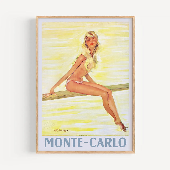 Monte-Carlo Poster Set vintage art print featuring a blonde woman in pastel yellow and pink tones wall art.