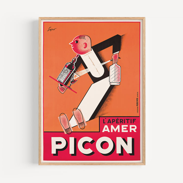 Picon Advertisement Poster featuring vintage minimalist design in orange, black, and white colors with stylized human figure.