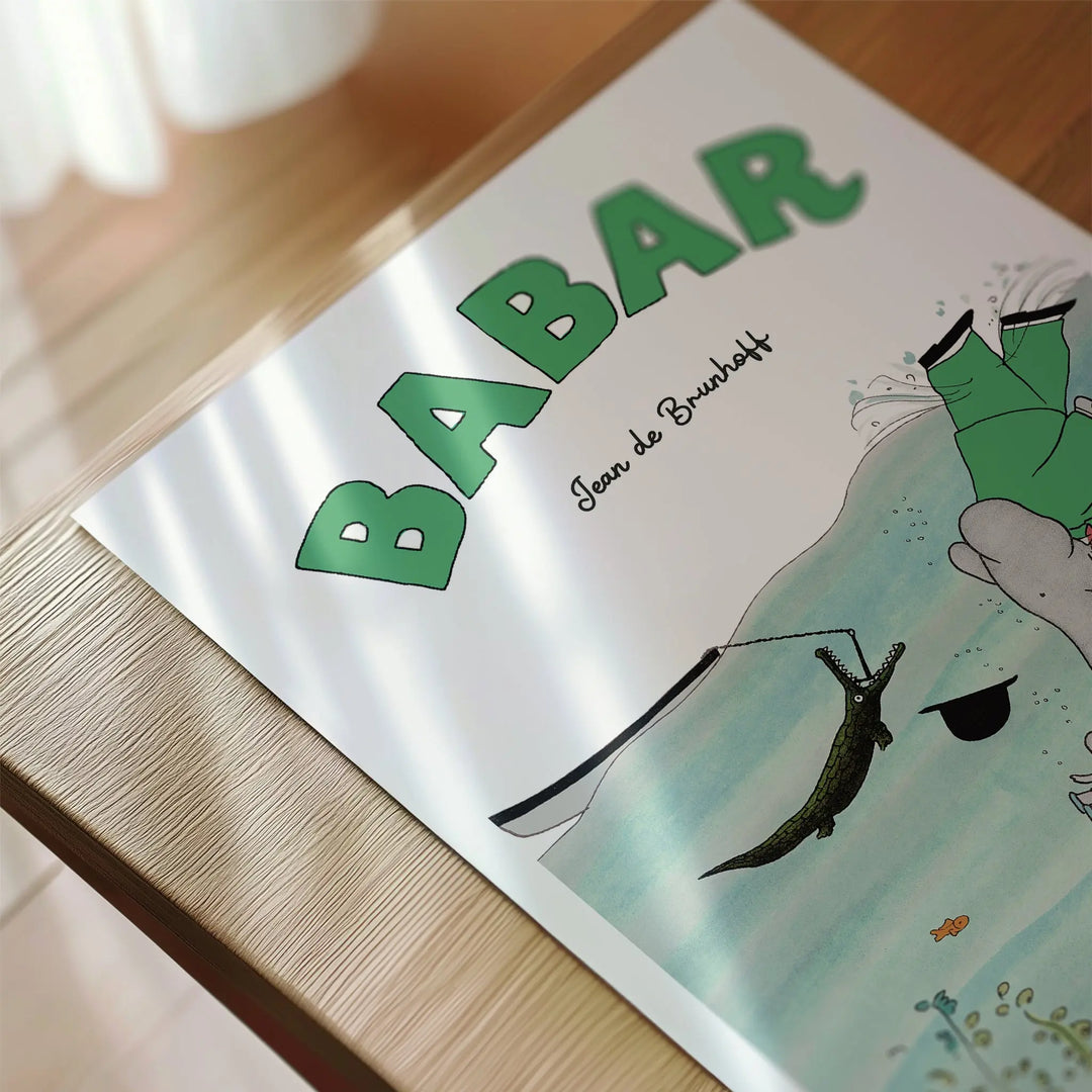 Diving Babar Poster featuring cartoon illustration in green and blue hues, minimalist style art print with playful underwater scene.