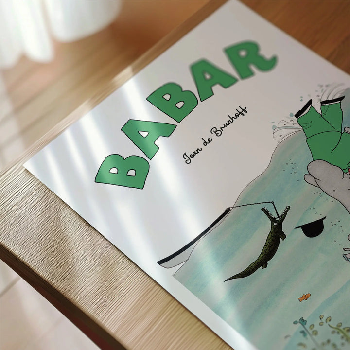 Diving Babar Poster featuring cartoon illustration in green and blue hues, minimalist style art print with playful underwater scene.